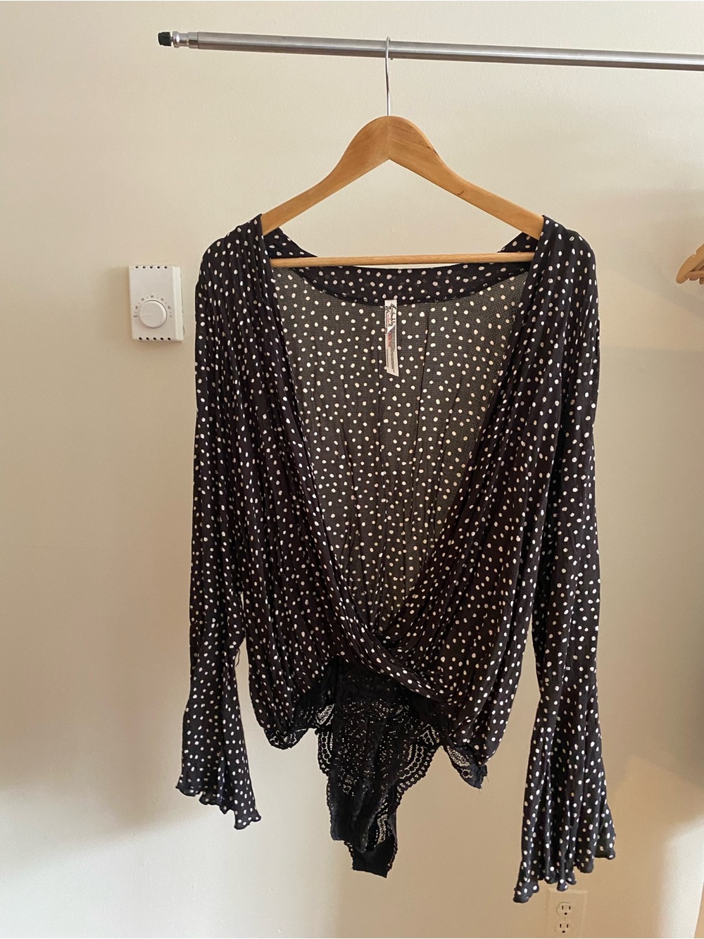 Free People Black Polka Dot Wrap button-front bodysuit
